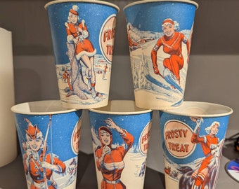 NOS 1960&#39;s Frosty Treat Ice Cream Paper Drink Cup - Dixie Brand - Old & Original - Choice, 5 Different Winter Scenes
