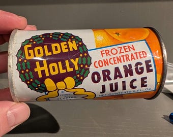 Lata original de jugo de naranja Golden Holly de Florida de los años 60 y 70 - Concentrado de metal vacío - Holly Hill Fruit Inc, Davenport, Florida