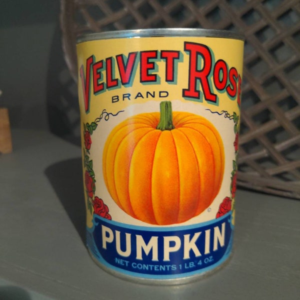 1920's Velvet Rose Pumpkin Pie Filling can label on can Original Vintage Brighton Canning Co, Brighton, Iowa