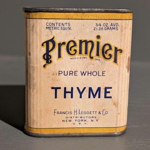1940s Old & Original Premier Thyme Spice Tin Seasoning Cardboard Spice Container Francis Leggett, New York