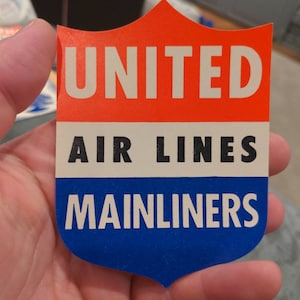 Etichetta gommata per aerei Mainliner della United Airlines degli anni '40 - Vecchia e originale - Adesivo vintage da viaggio o valigia