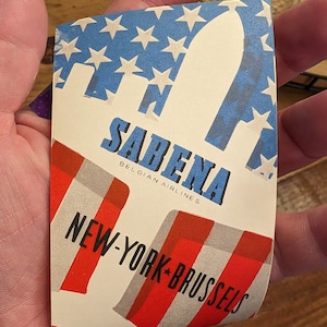 Etichetta gommata versione Sabena Air Lines degli anni '40 - Vecchia e originale - Decalcomania da viaggio o valigia vintage - New York - Bruxelles
