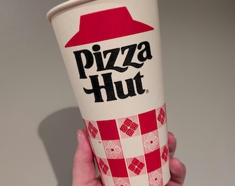 Bicchiere per bibita in tartan rosso Pizza Hut degli anni '80, vecchio e originale, in cera vintage - 32 once