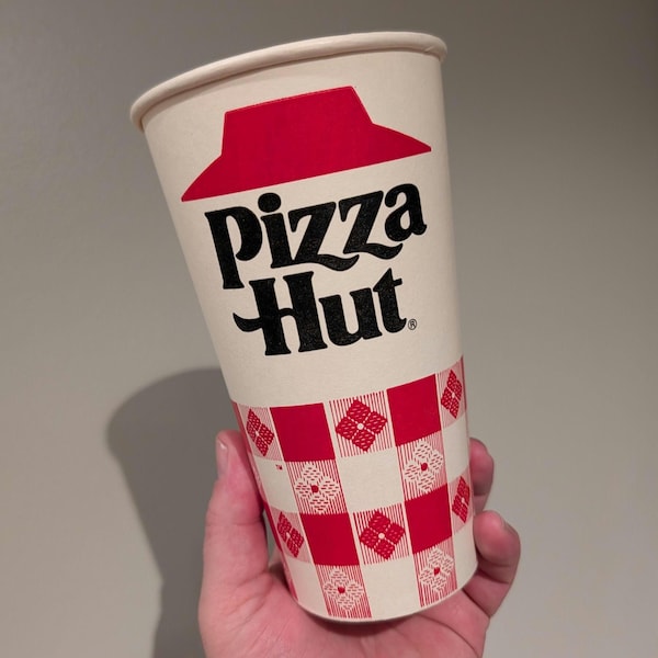 1980's Pizza Hut Red Plaid Soda Drink Cup Old & Original Vintage Waxed Cup - 32 Ounce