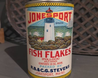 1930's/40's Jonesport Fish Flakes old can label on can - RB & CG Stevens, Jonesport, Maine Lighthouse Pollock