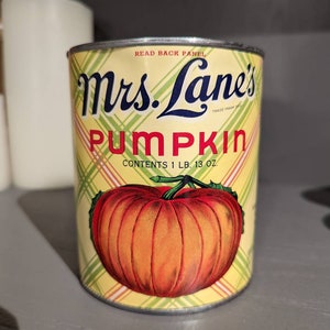 1940's Mrs. Lane's Pumpkin Pie Filling can label on can Original Vintage Foodland, Cleveland, Ohio