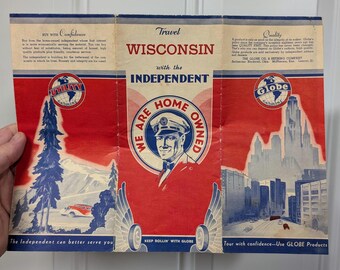 1930's Globe Oil Company Road Map of Wisconsin Old & Original - Vintage Map