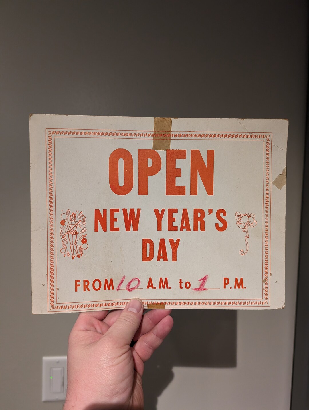 Original 1940's Open New Years Day Store Hours Cardboard Sign Vintage
