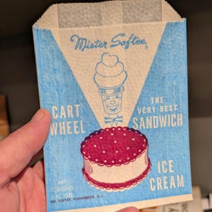 1960 Mister Softee Cart Wheel Ice Cream Sandwich Stara i oryginalna torba vintage NOS