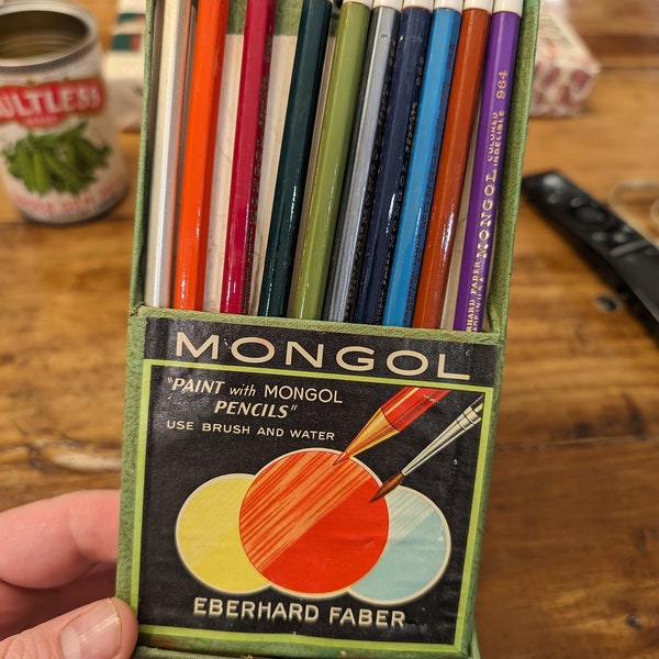 Original Vintage 1940's  Mongol Lead Colored Pencil Set of 10 - Old Office Supplies - Eberhard Faber Pencil Case