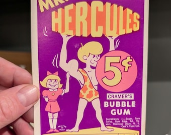 1960s Mr Hercules Gumball Machine Price Sign - Cardboard Store Sign -  Original Vintage Bubble Gum Cramer Gum