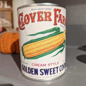 1940&#39;s Clover Farm Sweet Corn  can label on can Kitchen Products Cleveland, Ohio Original Vintage - Embossed Label