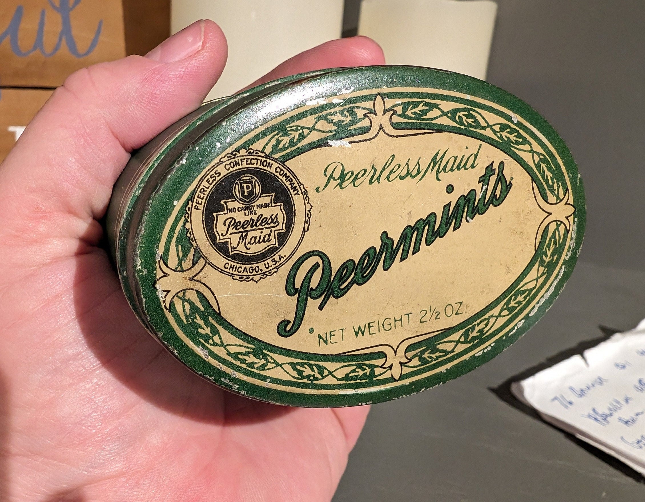 1930s Peerless Confections Peermints Mints Old & Original Tin