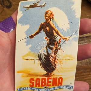 Etichetta gommata versione Sabena Air Lines degli anni '40 - Vecchia e originale - Decalcomania da viaggio o valigia vintage - Congo Belga Sud Africa