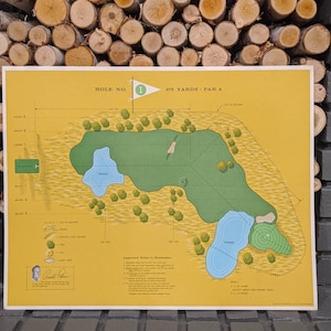 Originele grote speelkaart Arnold Palmer's Inside Golf Game uit 1961: hole 1, par 4: perfect als mancave- of keldergolfdecor.