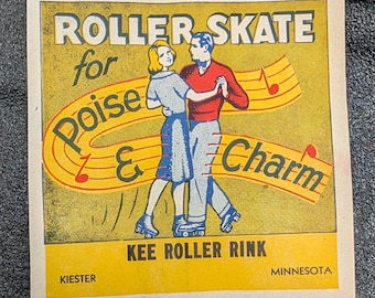 Calcomanía usada de la pista de patinaje Kee Roller Rink, Kiester, Minnesota, década de 1940 - Antigua y original - Calcomanía vintage para viajes o maletas