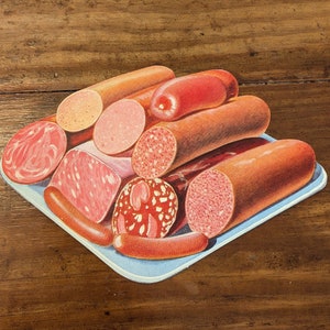 1940er 50er Jahre Wursttablett Charcuterie Menüboard gestanztes Papiergummierung Aufkleber - NOS Vintage - Für Menüs oder Junk Journal - Alt & Original