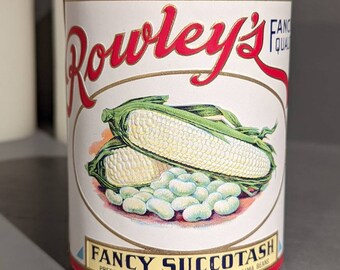 1920's Rowley's Fancy Succotash Corn can label on can Original Vintage, Fabius, New York