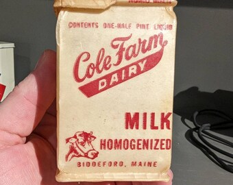 NOS 1940's Cole Farm Dairy Milk Half Pint Waxed Milk Carton or Container Biddeford, Maine