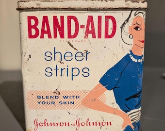 Original Vintage 1960's Band-Aid Sheer Tin - vacío - Vestido azul Johnson & Johnson