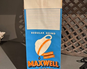 May include: A vintage paper bag for Maxwell House Coffee, featuring a blue background with a white coffee cup and orange trim. The bag reads "Good to the Last Drop" and "Regular Grind". The text also includes "High Grade - One Pound Net Weight - 454 Grams" and "General Foods Corporation - Address New York 17, N.Y."