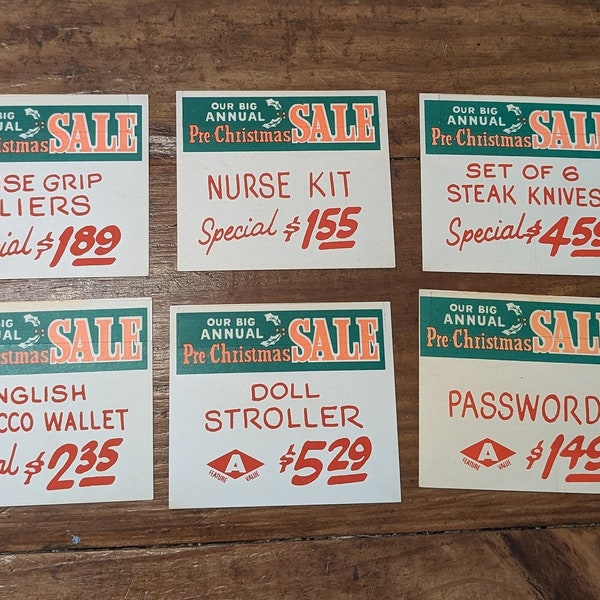 Original 1960's Annual Pre Christmas Sale store price sign vintage sign  - CHOICE - Stroller, Steak Knives, Pliers, Wallet