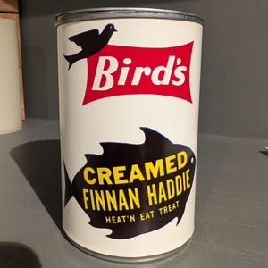 1940's/50's Birds Creamed Finnan Haddie old can label on can - Rockland Maine Empty Can