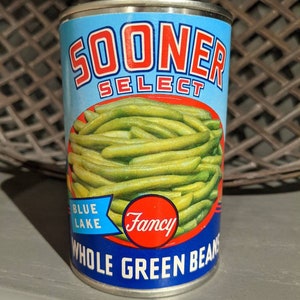 1960&#39;s Sooner Select Whole Green Beans Vegetable can label on can Oklahoma City Lawton