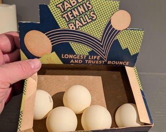 Original 1940s 50s Table Tennis Balls Display Box with some balls - Vintage Sporting Goods