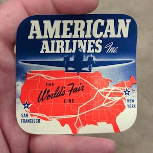 Etichetta gommata American Airlines anni '40 - Vecchia e originale - Adesivo vintage da viaggio o valigia