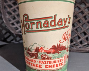 Original 1940's Hornaday's Cottage Cheese Container, Indianapolis, Indiana FARM Scene! Large Quart Size