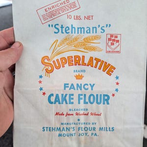 Oryginalny, nieużywany worek na mąkę Stehman's Superlative Fancy Cake z lat 50. XX wieku – papier vintage z Mount Joy w Pensylwanii
