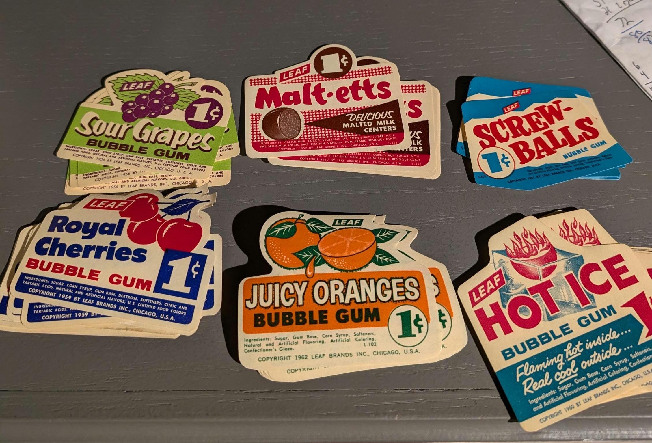 NOS 1950s 60s Leaf Bubble Gum Gumball Machine Price Sign - Paper Gummed Decals  -  CHOICE Hot Ice, Grape, Orange, Royal Cherries, Screw Ball