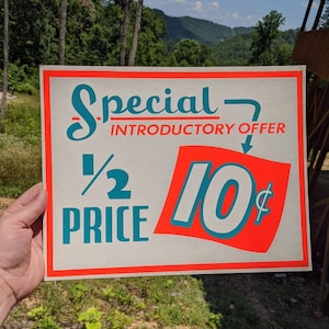 1950&#39;s  Special 1/2 Price 10 cents Grocery Store Cardboard Sign