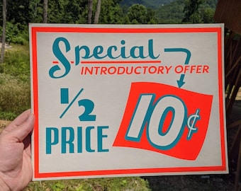 1950&#39;s  Special 1/2 Price 10 cents Grocery Store Cardboard Sign
