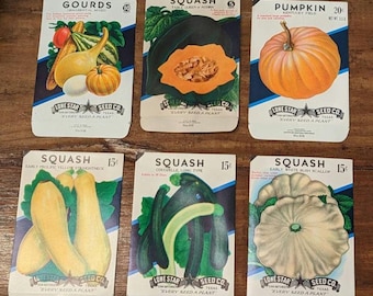 May include: Six vintage seed packets for gourds, squash, and pumpkins. The packets feature colorful illustrations of the vegetables and the text "Lone Star Seed Co. Every Seed A Plant".