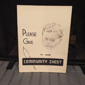 Pintura publicitaria antigua y original de la década de 1940 con texto "Por favor, done Community Chest Baby"
