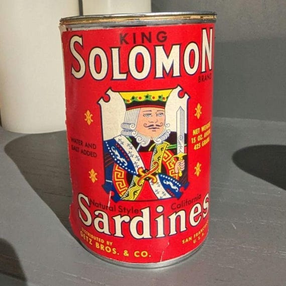 1936 1930s King Solomon Sardines Old Can Label on Can - Getz Bros