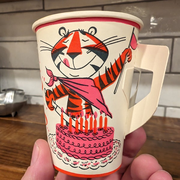 NOS 1960s Tony the Tiger  Pussy Cat Happy Birthday Plate themed birthday Cup - Original Waxed Cup