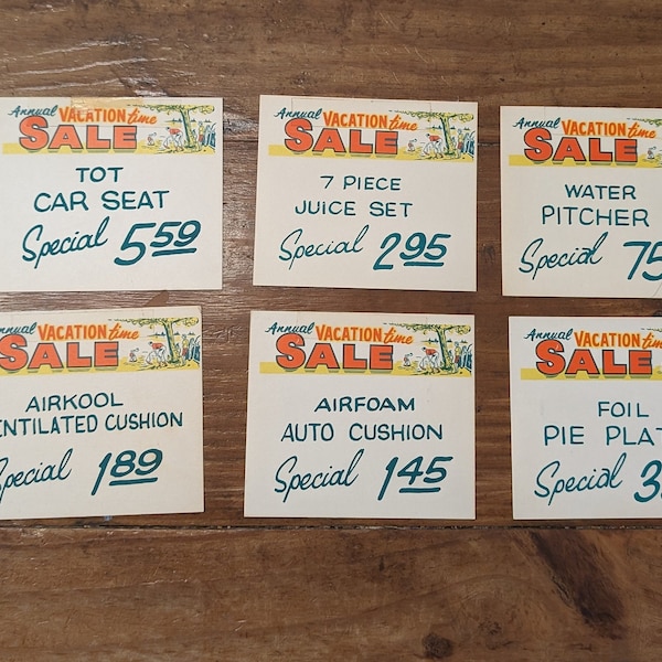 Original 1960's Annual Vacation Sale store price sign vintage sign  - CHOICE - Car Seat, Pie Plate, Juice Set, Auto Cushion, Water Pitcher