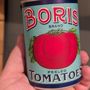 1940's 30s Boris Brand Tomatoes can label on can, Mount Airy Canning, Maryland