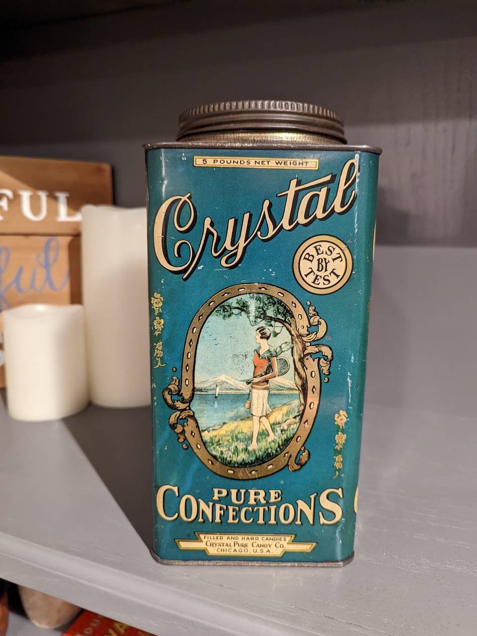 1920's Crystal Pure Confections Hard Candies Candy Can - Old