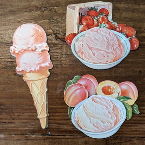 Planche de menu crème glacée fraise pêche des années 40, 50, décalcomanie gommée au choix découpée avec des matrices - vintage NOS - pour faire des menus - ancien et original