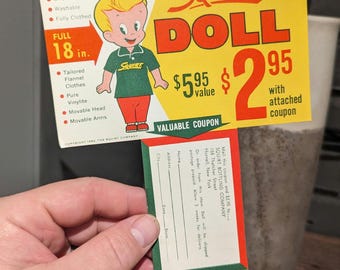 1960s Squirt Soda Bottle Topper -  Squirt Boy Doll Old & Original Bottle Hanger - NOS New Old Stock - Dated 1962