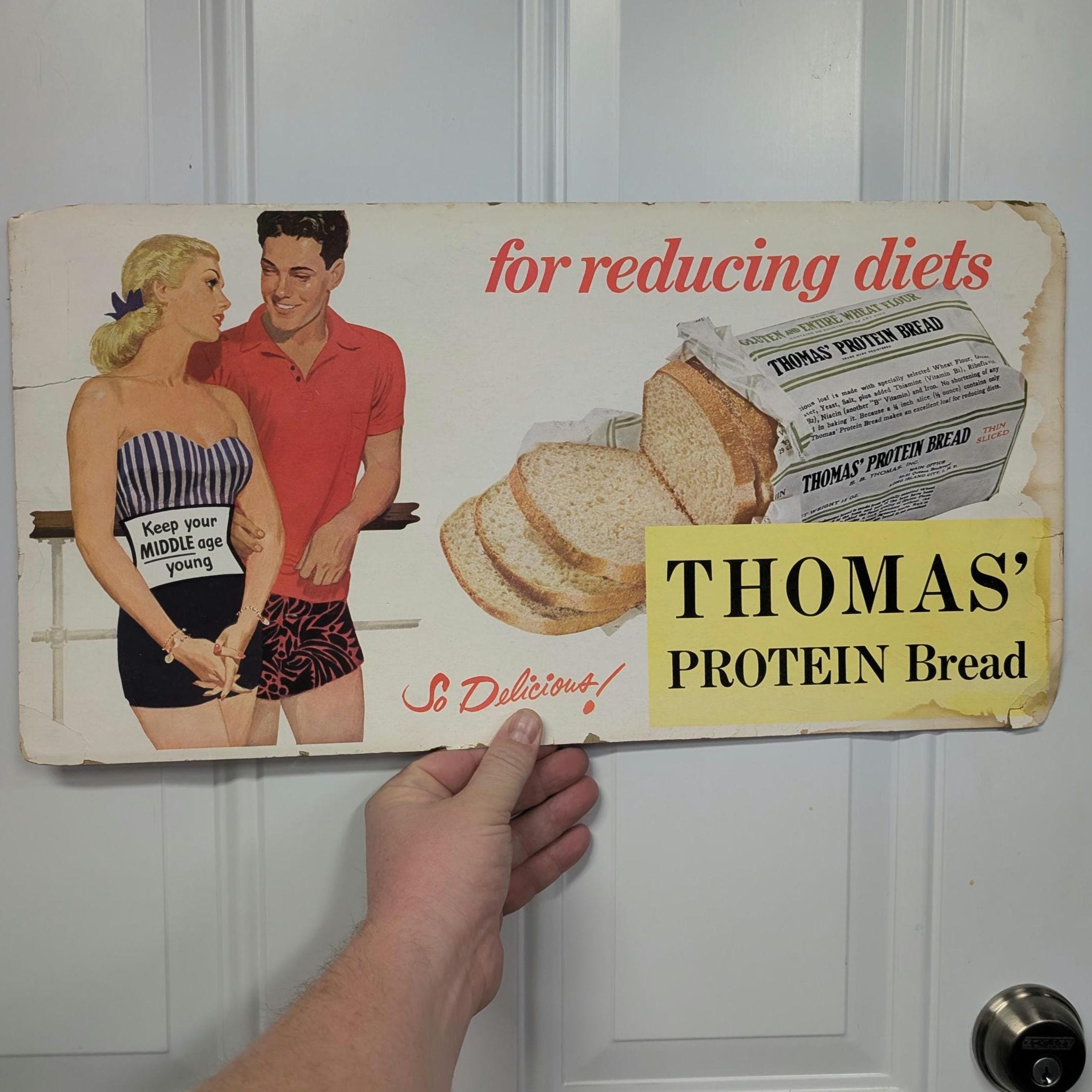 美品　LABELS　洋書　THOMAS W. OATMAN ヴィンテージ 1940's Thomas Protein Bread Original Grocery Store Cardboard Sign