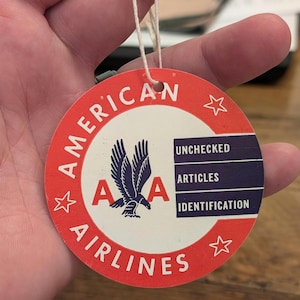 Etichetta per bagaglio a mano in cartone American Airlines degli anni '50, vecchia e originale - Viaggio vintage o valigia