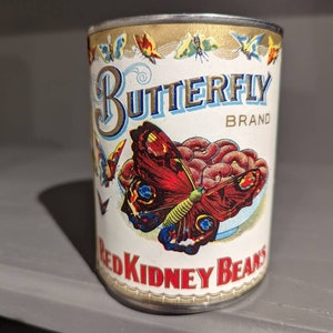 1920's Butterfly Red Kidney Beans can label on can Original Vintage, Olney & Floyd, New York