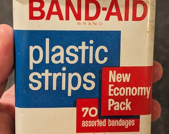 Oryginalny rocznik 1970. Nowy ekonomiczny pakiet plastrów Plastikowe paski Plastry Puszka - pusta Johnson & Johnson