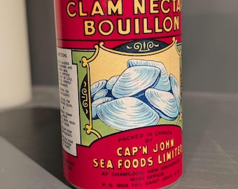 1940's/50's Captain Johns  Clam Bullion old can label on can - Chamcook, NB Soup Can