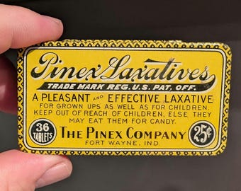 1930s 40s  Pinex Laxatives Empty Tin  - Metal - Old & Original Tin - NOS - Fort Wayne, Indiana